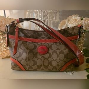 Coach Brown and Red Signature Shoulder Bag